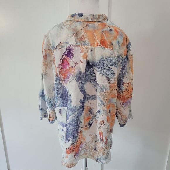 Chico’s Size 3 XL Watercolor Floral Print Button Up Linen Blend Art to Wear - Picture 3 of 9